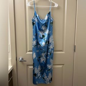 Blue Floral Satin Cowl Neck Dress